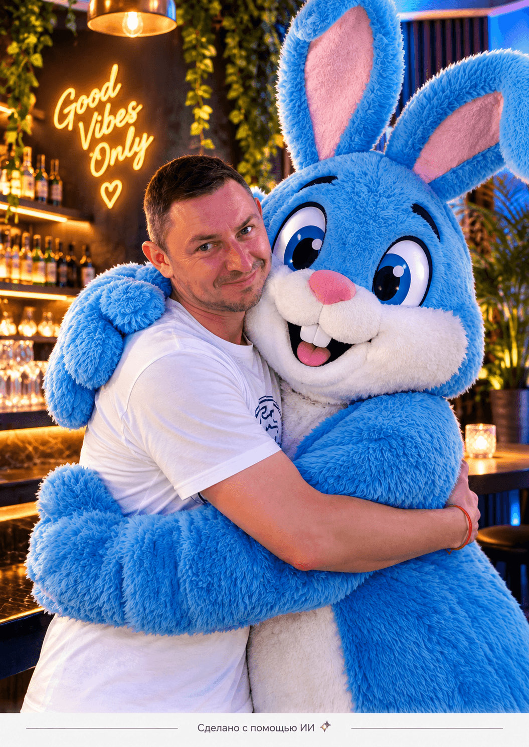 The owner, Dennis, hugs the Blauer Hase mascot, a blue plush hare, under a neon sign reading “Good Vibes Only”