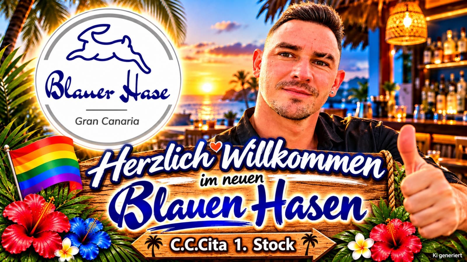 Welcome sign “Herzlich Willkommen im neuen Blauen Hasen” with a smiling Dennis, the logo and the address C.C. Cita, 1st floor