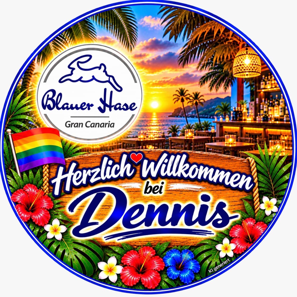 Round emblem “Herzlich Willkommen bei Dennis” with the Blauer Hase logo and a beach bar at sunset